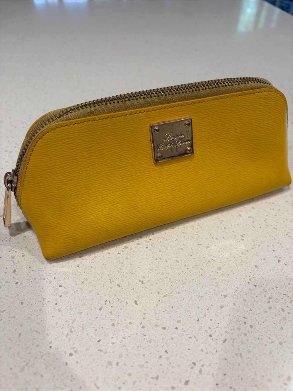 Lauren Ralph Lauren Yellow Leather Zip Pouch with Logo Plate